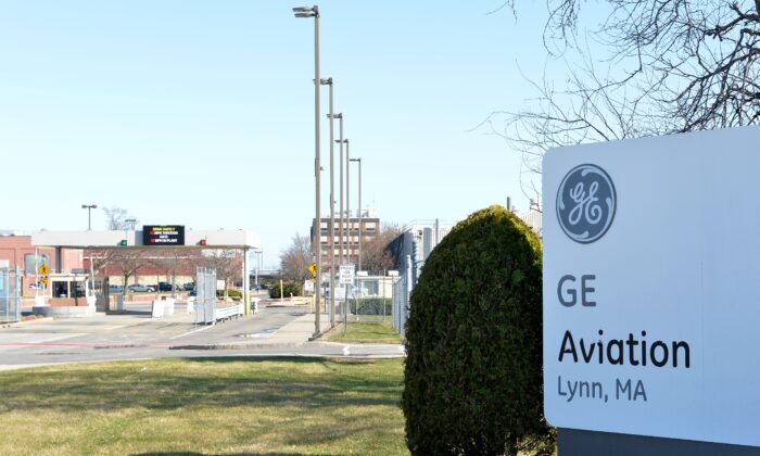 The entrance to the General Electric Aviation in Lynn, Mass., on March 31, 2020. (Joseph Prezioso/AFP via Getty Images)