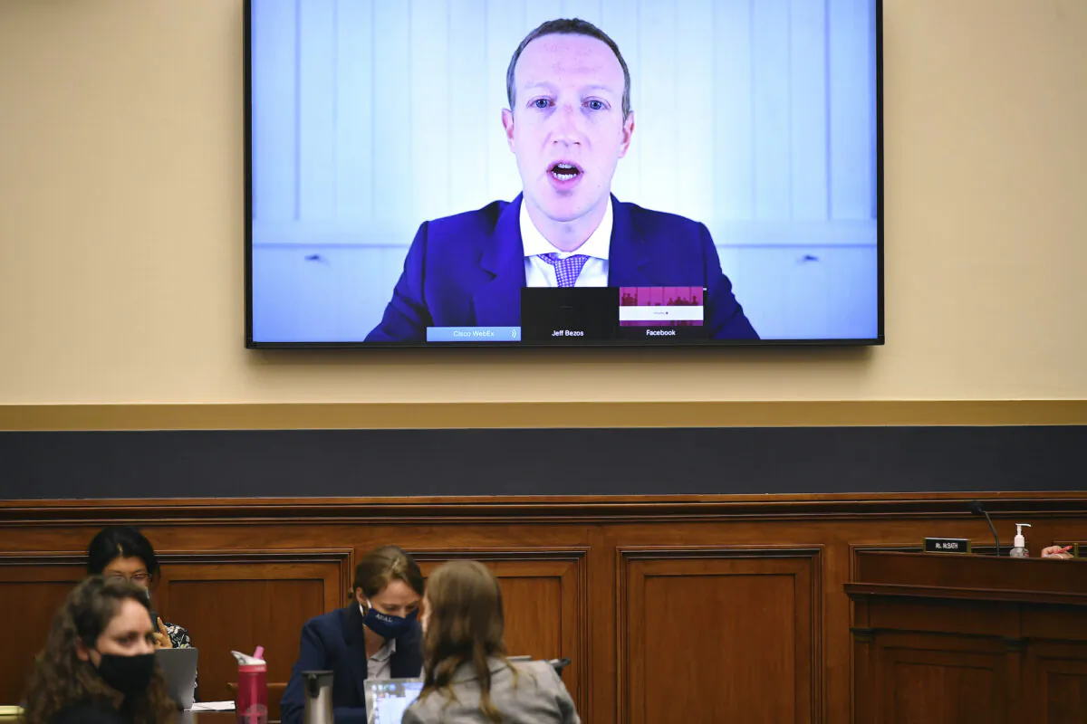 Facebook CEO Mark Zuckerberg testifies remotely during a House Judiciary subcommittee on antitrust on Capitol Hill, Washington, on July 29, 2020. (Mandel Ngan/Pool via AP)