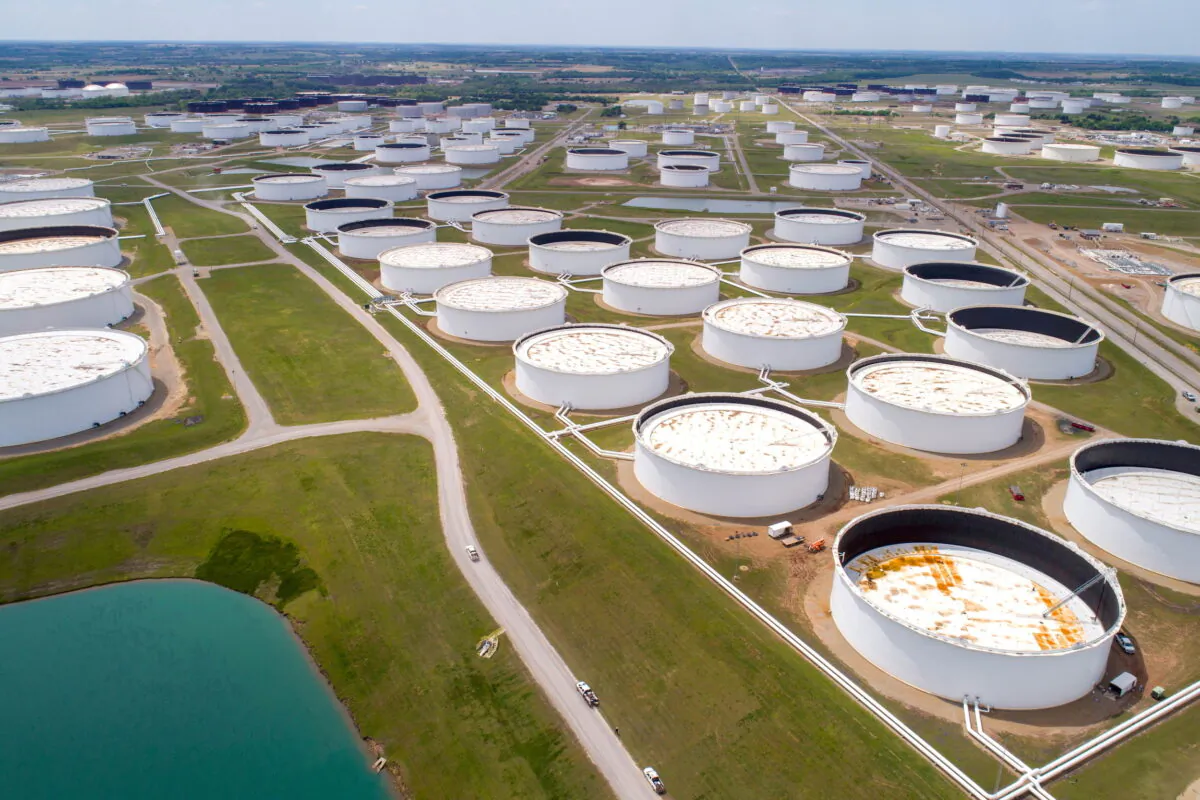 Crude oil storage tanks are seen in an aerial photograph at the Cushing oil hub in Cushing, Okla., on April 21, 2020. (Drone Base/Reuters)