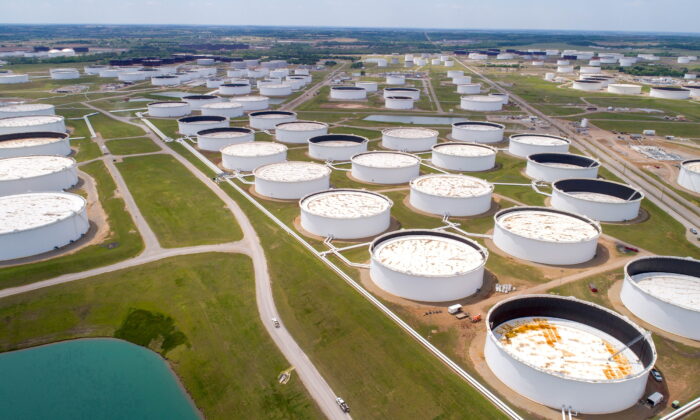 Crude oil storage tanks are seen in an aerial photograph at the Cushing oil hub in Cushing, Oklahoma, on April 21, 2020. (Drone Base/Reuters)