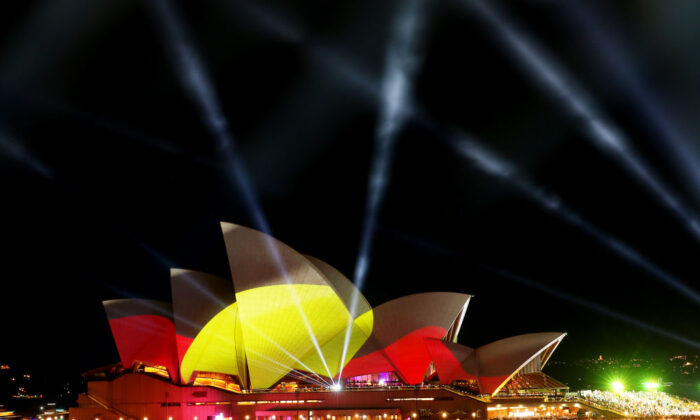 The Aboriginal flag is seen projected on the sails of the Sydney Opera House in Sydney, Australia, on Jan. 26, 2020. (Don Arnold/Getty Images)