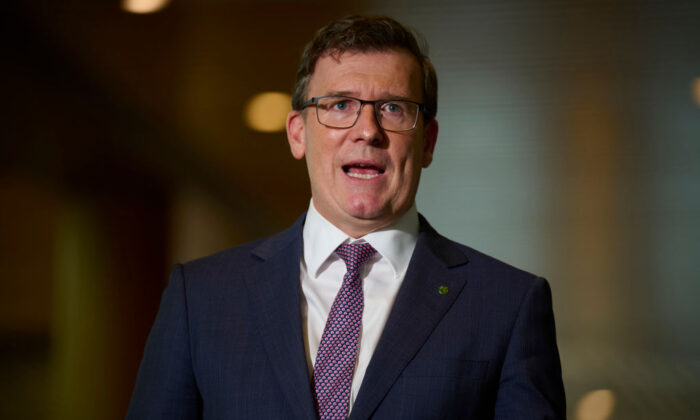 Australian Education Minister Alan Tudge speaks at a press conference at Parliament House in Canberra, Australia, on Aug. 23, 2021. (Rohan Thomson/Getty Images)