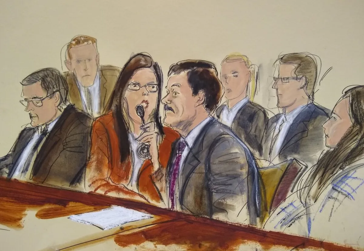 In this photo of a courtroom sketch, Joaquin "El Chapo" Guzman, second from right, listens to his sentence via interpreter in federal court in New York on July 17, 2019. (Elizabeth Williams via AP)