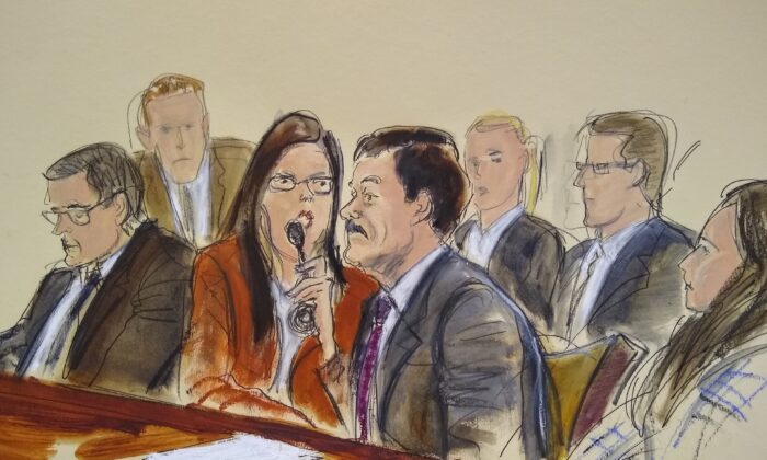 In this photo of a courtroom sketch, Joaquin "El Chapo" Guzman, second from right, listens to his sentence via interpreter in federal court in New York on July 17, 2019. (Elizabeth Williams via AP)
