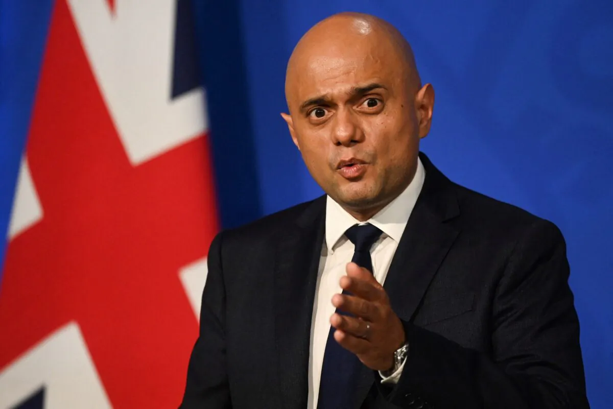 Britain's Health Secretary Sajid Javid speaks during a press conference inside the Downing Street Briefing Room in London, on Oct. 20, 2021. (Toby Melville/POOL/AFP via Getty Images)