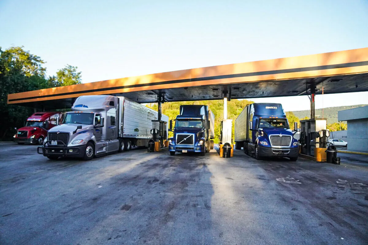 Trucks fill up on fuel at the One9 truck stop in Wildwood, Georgia on Oct. 20, 2021. (Jackson Elliott/The Epoch Times)