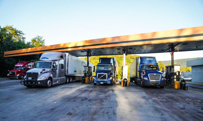 Trucks fill up on fuel at the One9 truck stop in Wildwood, Georgia on Oct. 20, 2021. (Jackson Elliott/The Epoch Times)