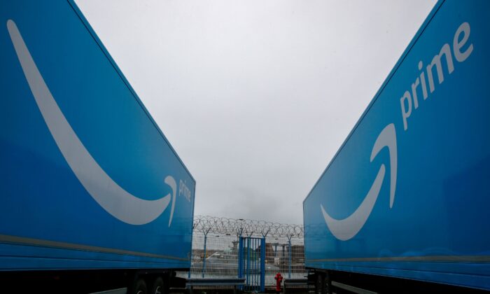 Amazon trailer trucks are seen at Cherbourg Harbour, France on Jan. 21, 2021. (Gonzalo Fuentes/Reuters)