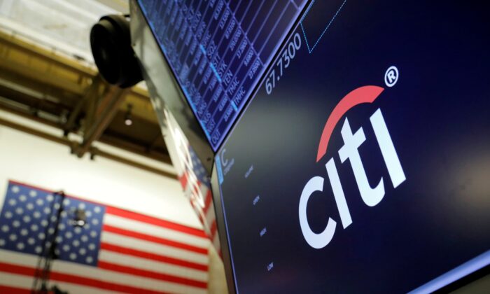 The logo for Citibank is seen connected  the trading level  astatine  the New York Stock Exchange (NYSE) successful  Manhattan, New York City, connected  Aug. 3, 2021. (Andrew Kelly/Reuters)
