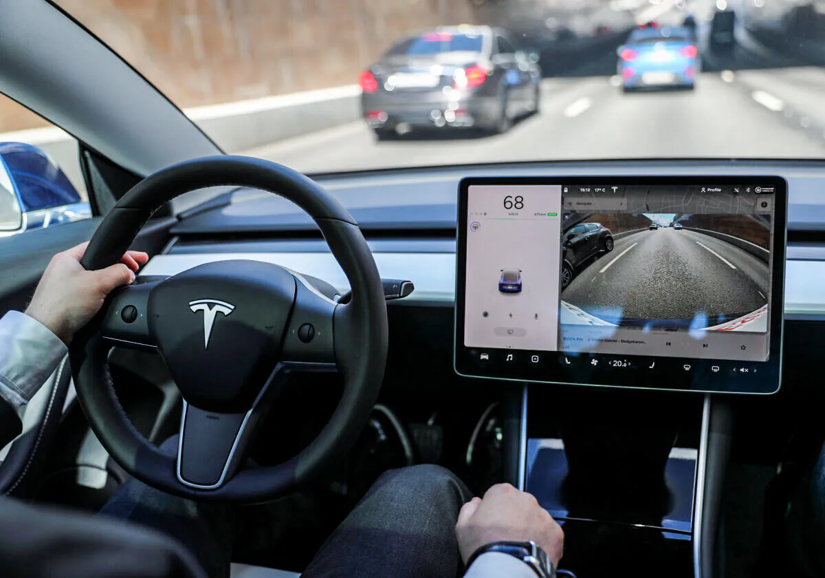 The interior of a Tesla Model 3 electric vehicle is shown in this picture illustration taken in Moscow, Russia, on July 23, 2020. (Evgenia Novozhenina/Reuters)