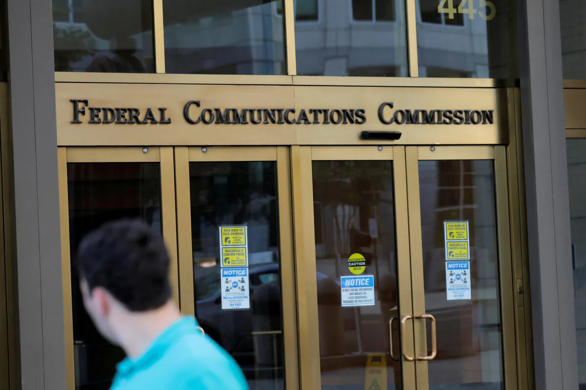 Signage at the headquarters of the Federal Communications Commission in Washington, on Aug. 29, 2020. (Andrew Kelly/Reuters)