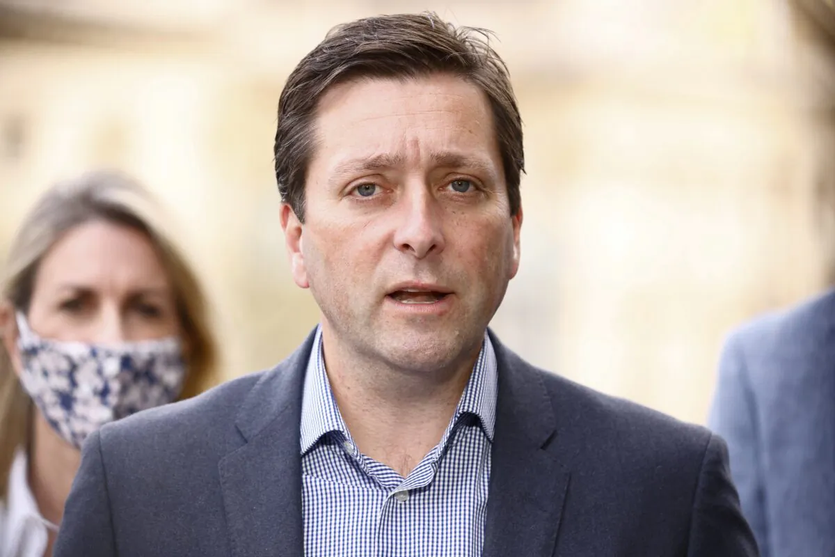 Leader of the Opposition Matthew Guy addresses the media during a press conference on the steps of Parliament in Melbourne, Australia, on Sept. 12, 2021. (AAP Image/Daniel Pockett) 