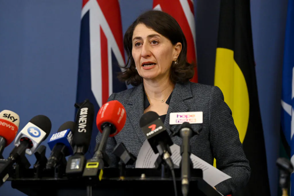 Former New South Wales Premier Gladys Berejiklian announces her resignation during a press conference in Sydney, Australia, on Oct. 1, 2021. (Bianca De Marchi - Pool/Getty Images)