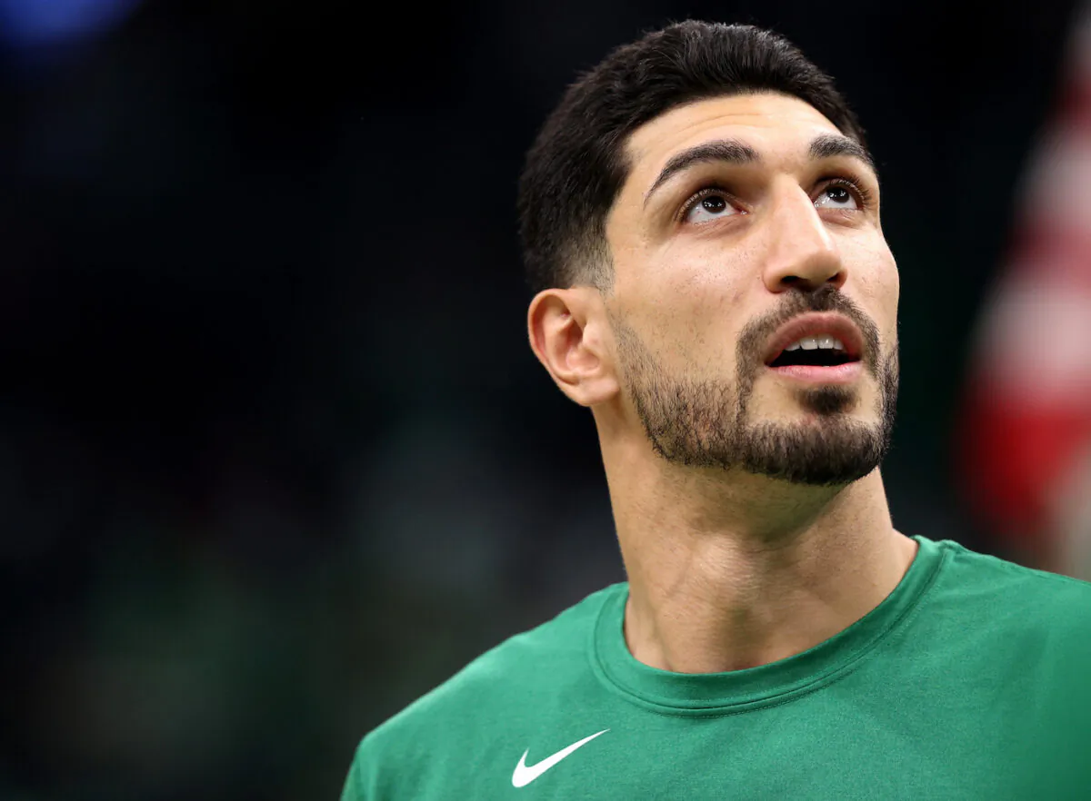 Enes Kanter Freedom of the Boston Celtics looks on before during the Celtics home opener against the Toronto Raptors at TD Garden in Boston, Massachusetts on Oct. 22, 2021. (Maddie Meyer/Getty Images)