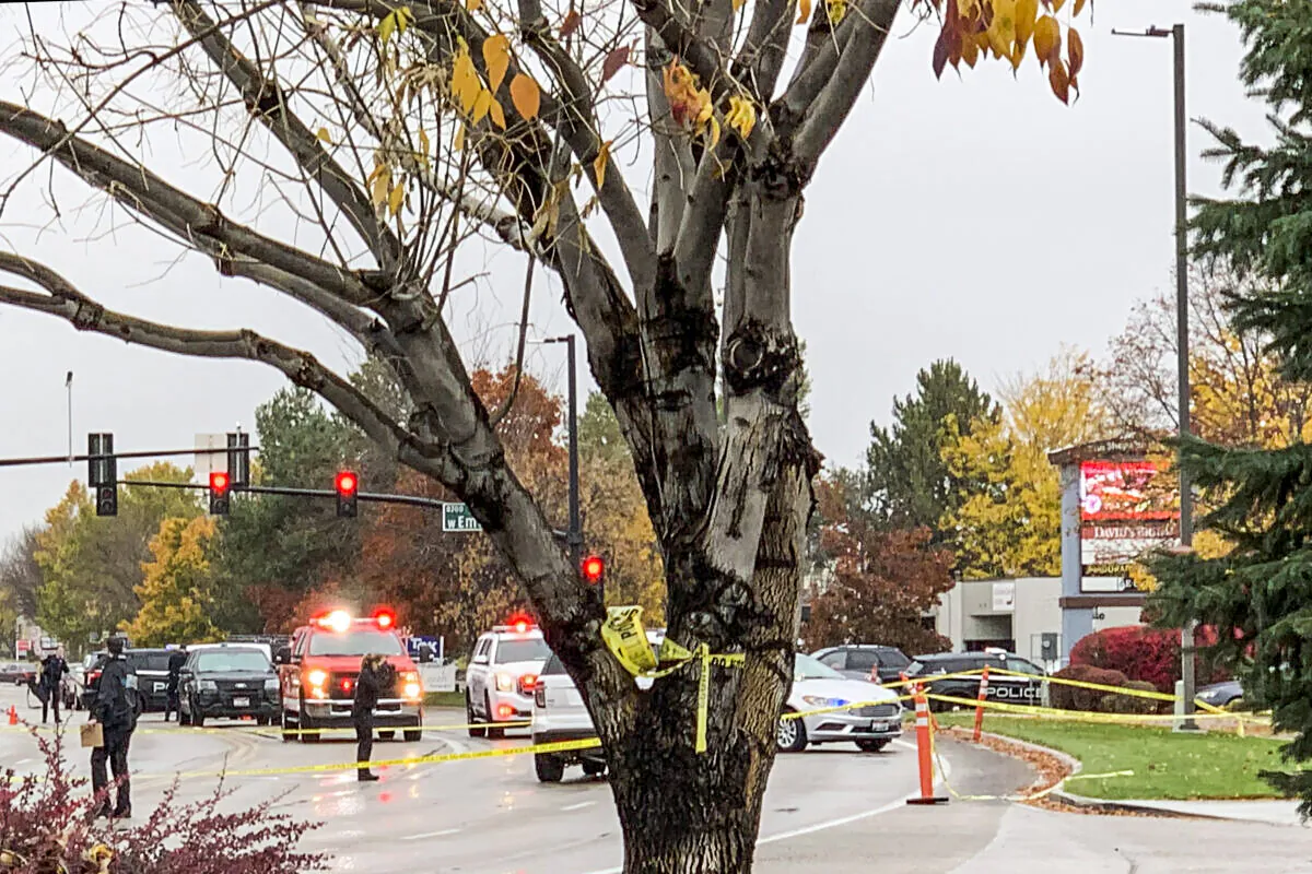 Police close off a street outside a shopping mall after a shooting in Boise, Idaho on Oct. 25, 2021. (Rebecca Boone/AP Photo)