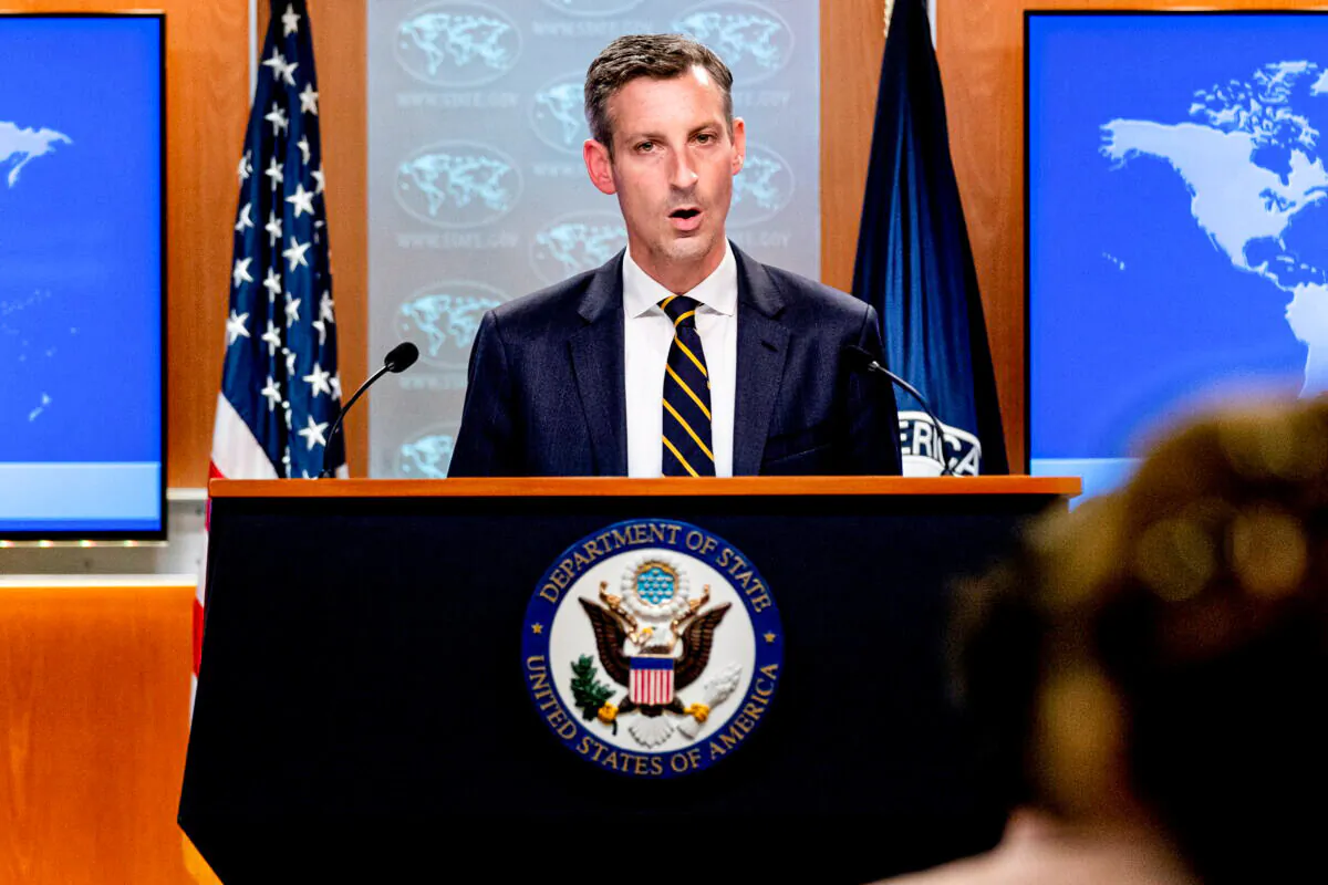 State Department spokesman Ned Price speaks on the situation in Afghanistan at the State Department in Washington, on Aug. 18, 2021. (Andrew Harnik/Pool via Reuters)