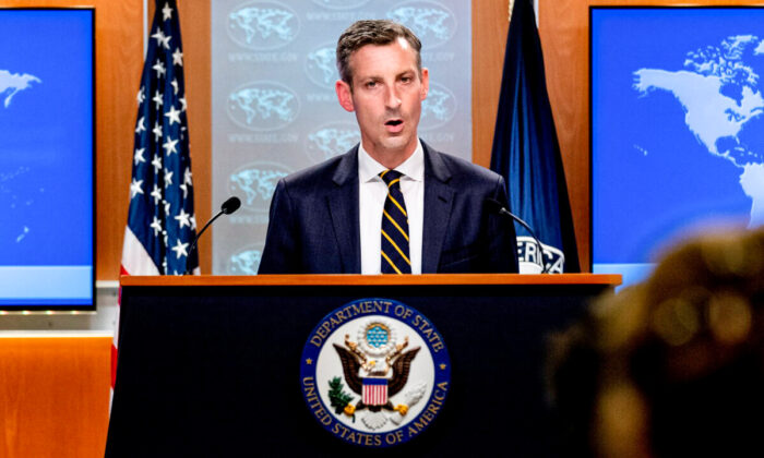 State Department spokesman Ned Price speaks at the State Department in Washington, on Aug. 18, 2021. (Andrew Harnik/Pool via Reuters)