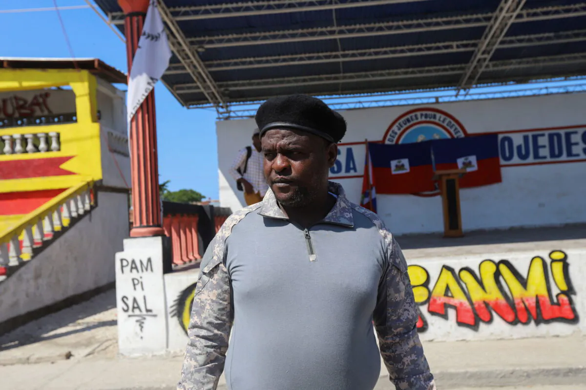 Jimmy "Barbecue" Cherizier, leader of the 'G9' coalition of gangs in the metropolitan area of Port-au-Prince, looks on after speaking to members of the media, in Port-au-Prince, Haiti, on Oct. 26, 2021. (Ralph Tedy Erol/Reuters)
