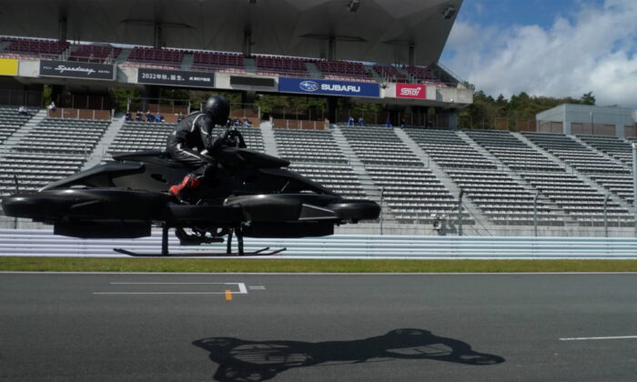 The "XTurismo Limited Edition" hoverbike is pictured during its demonstration at Fuji Speedway in Oyama, Shizuoka Prefecture, Japan, on Oct. 26, 2021.  (A.L.I. Technologies/Handout via Reuters)