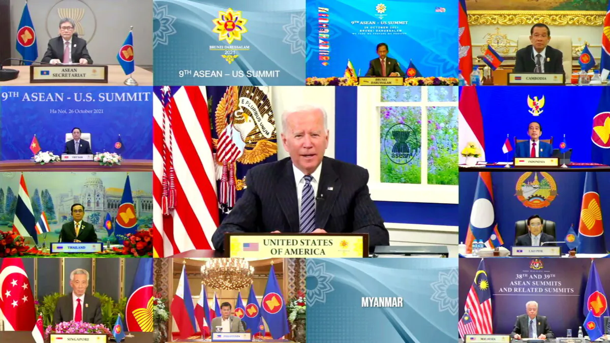 U.S. President Joe Biden speaks during the virtual ASEAN U.S. Summit, hosted by ASEAN Summit Brunei, in Bandar Seri Begawan, Brunei on Oct. 26, 2021. (ASEAN Summit 2021 Host Photo/Handout via Reuters)