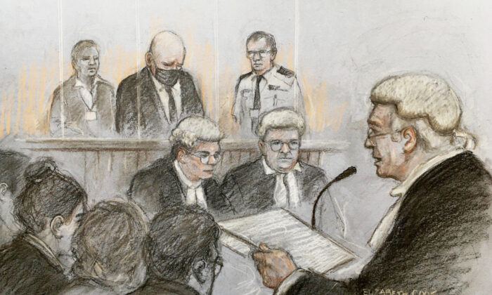 Court artist sketch of Lord Justice Fulford sentencing former police officer Wayne Couzens at the Old Bailey in London. on Sept. 30, 2021. ((Elizabeth Cook/PA)