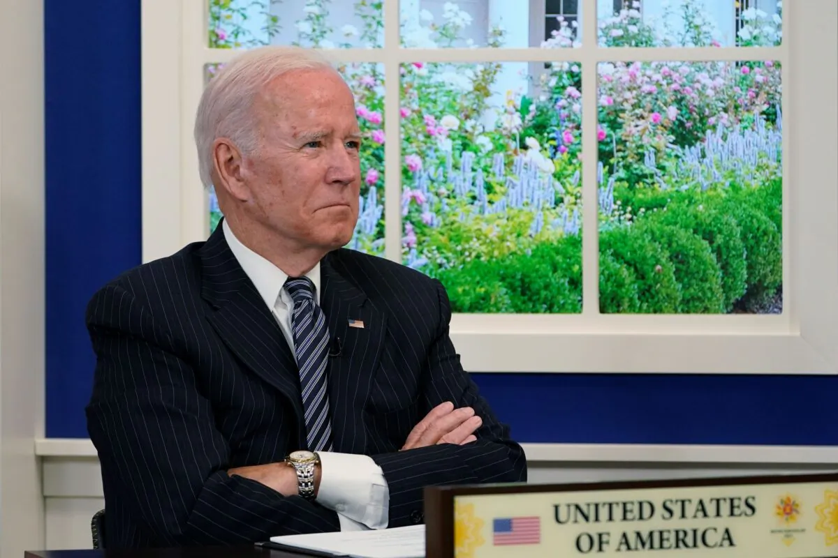 President Joe Biden participates virtually in the U.S.-ASEAN Summit from the South Court Auditorium on the White House complex on Oct. 26, 2021. (Susan Walsh/AP Photo)