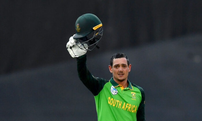 Former captain Quinton de Kock of South Africa celebrate after scoring a century during the 1st ODI match between South Africa and England at Newlands Cricket Stadium in Cape Town, South Africa, on Feb. 4, 2020. (Ashley Vlotman/Gallo Images/Getty Images)