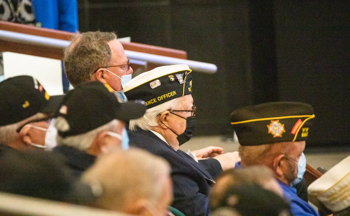 Irvine residents and military veterans attended an Irvine City Council meeting at Irvine City Hall on Oct, 26, 2021. (John Fredricks/The Epoch Times)