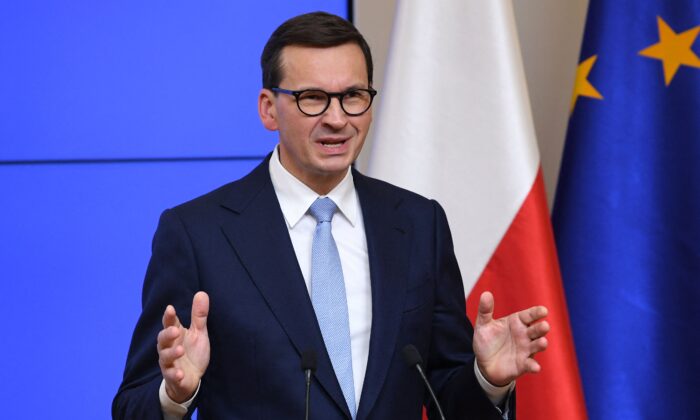 Poland's Prime Minister Mateusz Morawiecki at a press conference in Brussels, Belgium, on Oct. 22, 2021. (John Thys/AFP via Getty Images)