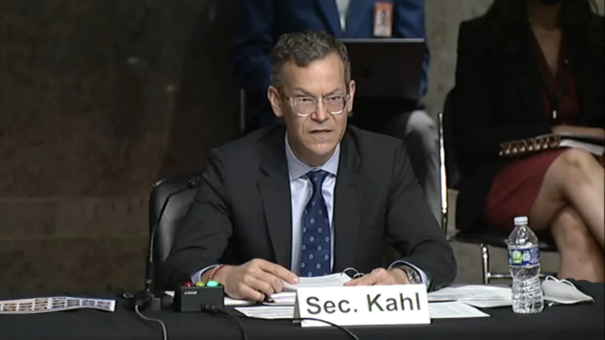 Colin Kahl, undersecretary of defense for policy, delivers testimony before the Senate Armed Services Committee in Washington on Oct. 26, 2021. (Senate Committee on Armed Services/Screenshot via The Epoch Times)