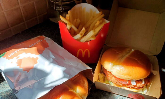 McDonald's Crispy Chicken Sandwiches and fries are pictured in New York on March 30, 2021. (Hilary Russ/Reuters)