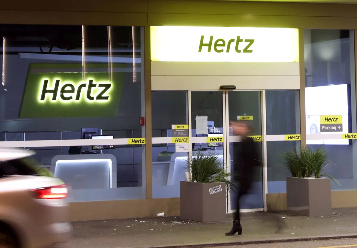 The logo of car rental company Hertz is seen at a branch office in Zurich, Switzerland on Nov. 17, 2020. (Arnd Wiegmann/Reuters)