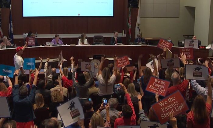 In this file image from video, a Loudoun County School Board meeting is taking place on June 22, 2021. (The Epoch Times via LCPS)