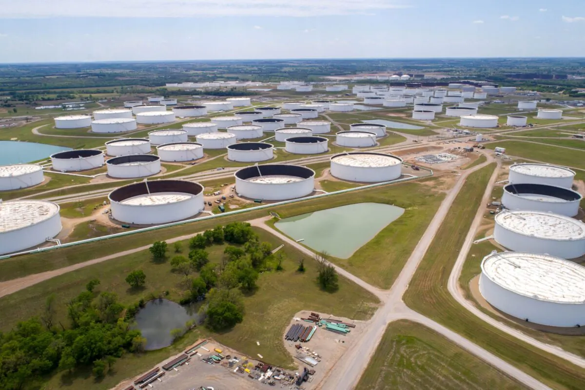 Crude oil storage tanks are seen in an aerial photograph at the Cushing oil hub in Cushing, Okla., on April 21, 2020. (Drone Base/Reuters)