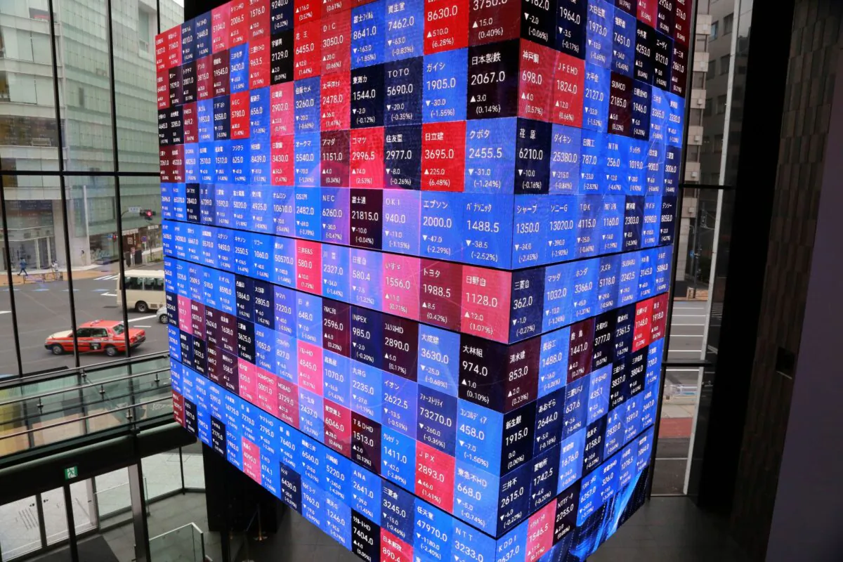 An electronic stock board is displayed at a conference hall in Tokyo, Japan on Oct. 27, 2021. (Koji Sasahara/AP Photo)