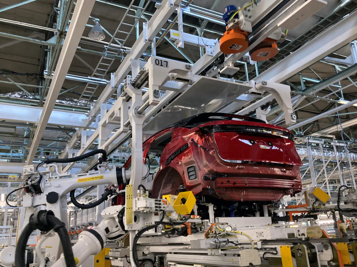 Nissan Motor Co. Ltd.'s Universal Powertrain Mounting System with a two-layer pallet structure, compatible with EV, e-POWER (HV), and gasoline vehicles is pictured in Kawachi-gun, in Tochigi prefecture, Japan, on Oct. 8, 2021. (Maki Shiraki/Reuters)