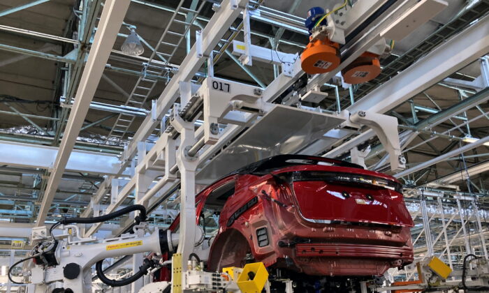 Nissan Motor Co. Ltd.'s Universal Powertrain Mounting System with a two-layer pallet structure, compatible with EV, e-POWER (HV), and gasoline vehicles is pictured in Kawachi-gun, in Tochigi prefecture, Japan, on Oct. 8, 2021. (Maki Shiraki/Reuters)