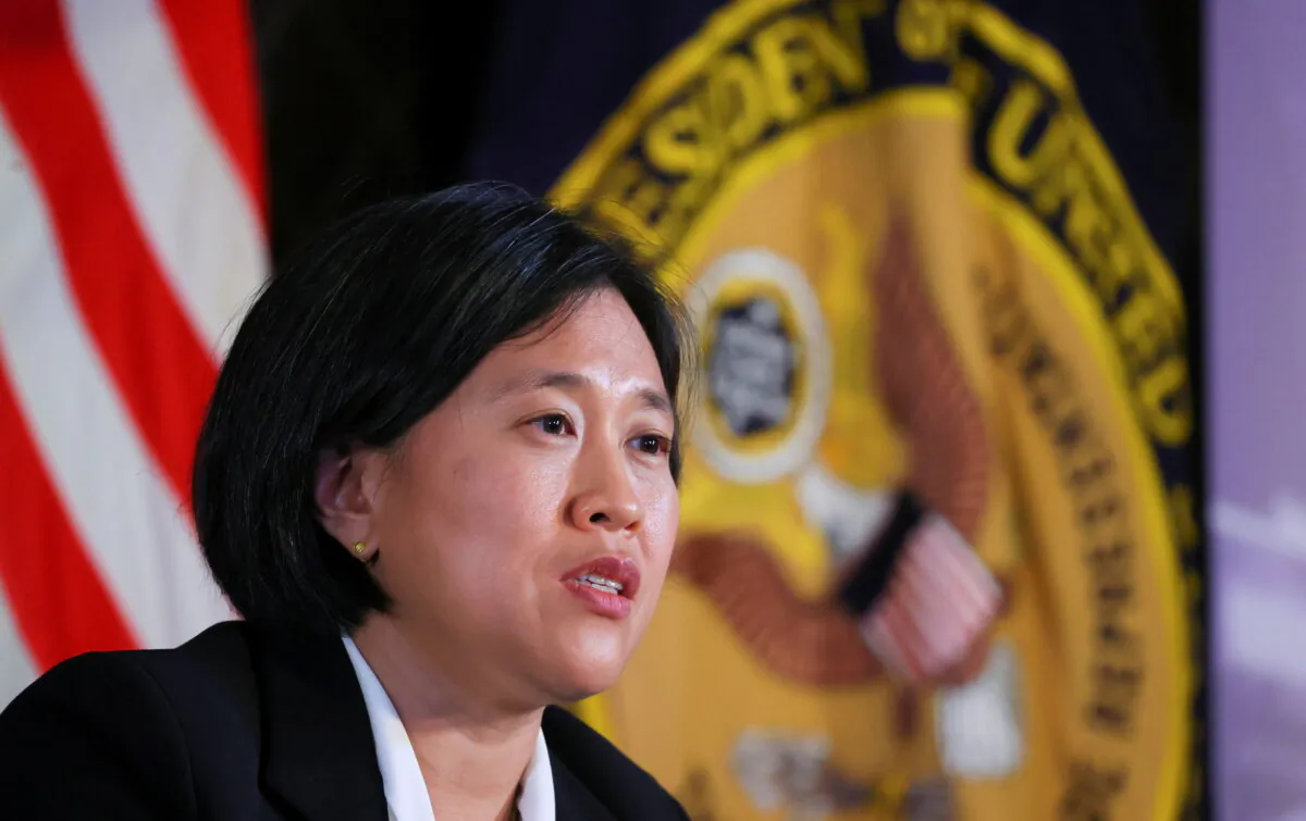 Trade Representative Katherine Tai addresses the Geneva Graduate Institute on the role of the World Trade Organization (WTO) in the global economy and U.S. policy priorities ahead of the 12th Ministerial Conference in Geneva, Switzerland, on Oct. 14, 2021. (Denis Balibouse/Reuters)