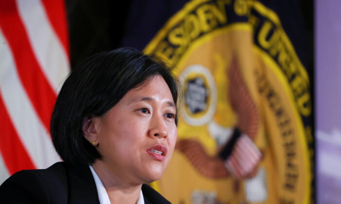 U.S. Trade Representative Katherine Tai addresses the Geneva Graduate Institute on the role of the World Trade Organization (WTO) in the global economy and U.S. policy priorities ahead of the 12th Ministerial Conference in Geneva, Switzerland Oct. 14, 2021. (Denis Balibouse/Reuters)