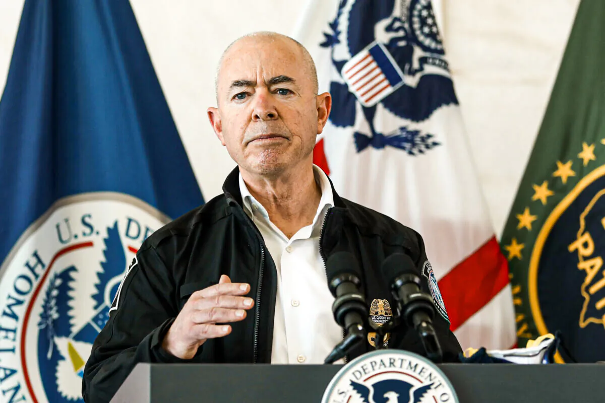 Homeland Security Secretary Alejandro Mayorkas at a Customs and Border Protection processing facility in Donna, Texas, on May 7, 2021. (Charlotte Cuthbertson/The Epoch Times)