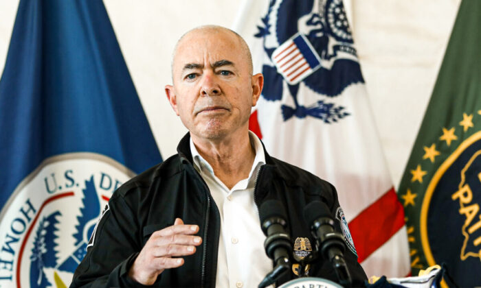 Homeland Security Secretary Alejandro Mayorkas at a Customs and Border Protection processing facility in Donna, Texas, on May 7, 2021. (Charlotte Cuthbertson/The Epoch Times)