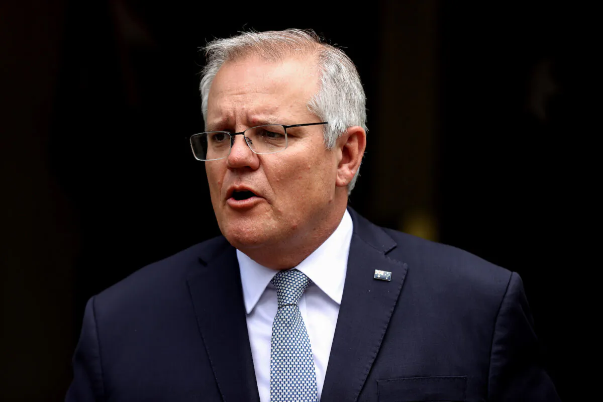 Australian Prime Minister Scott Morrison speaks during a media conference in Sydney, Australia, on Oct. 15, 2021. (Brendon Thorne/Getty Images)
