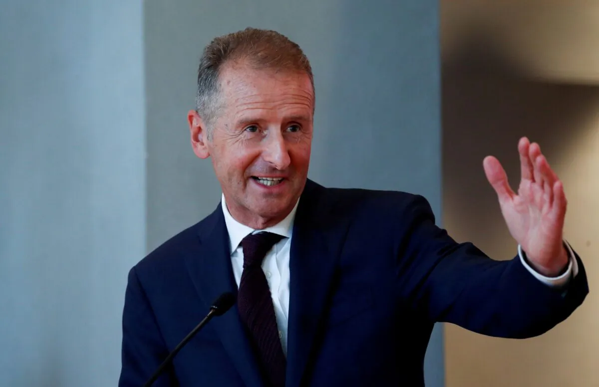 Volkswagen Group Chief Executive Officer Herbert Diess at a news briefing in Barcelona, Spain on Sept. 23, 2020. (Albert Gea/Reuters)
