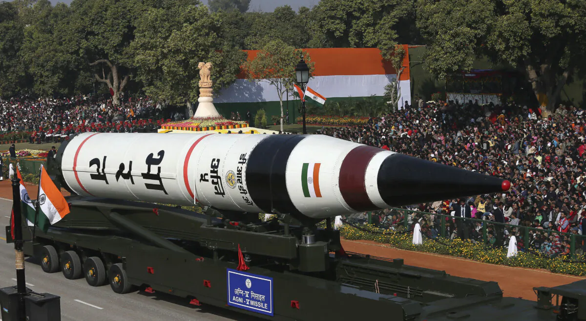 The long range ballistic Agni-V missile is displayed during Republic Day parade, in New Delhi, India, on Jan. 26, 2013. (Manish Swarup/AP Photo)
