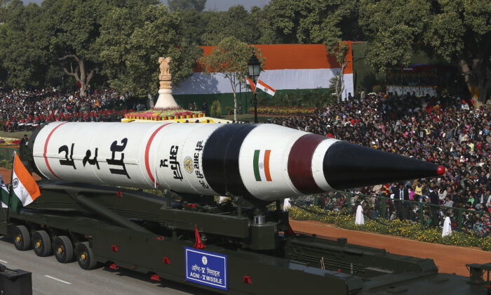 The long range ballistic Agni-V missile is displayed during Republic Day parade, in New Delhi, India, on Jan. 26, 2013. (Manish Swarup/AP Photo)