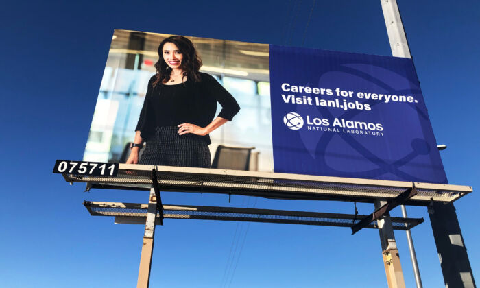 Los Alamos National Laboratory (LANL) in Los Alamos, New Mexico, recently put up this jobs billboard. The facility fired 185 employees who failed to comply with an Oct. 15 vaccine mandate. LANL has 580 jobs currently posted on its website. Photo taken Oct. 25, 2021. (Angelo Artuso). 