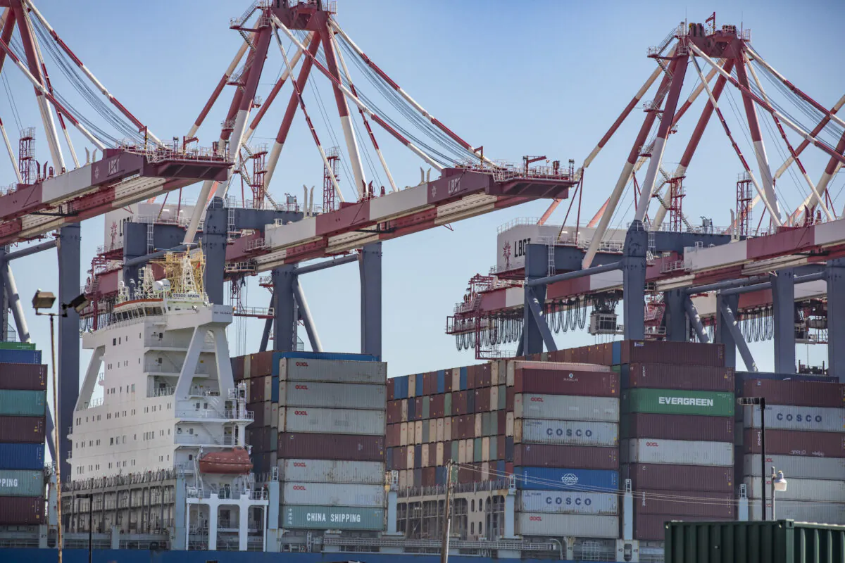 Cargo awaits unloading from ships off the Port of Long Beach, Calif., on Oct. 27, 2021. (John Fredricks/The Epoch Times)