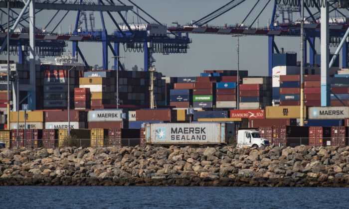 Cargo containers are stacked at the Port of Long Beach, Calif., on Oct. 27, 2021. (John Fredricks/The Epoch Times)