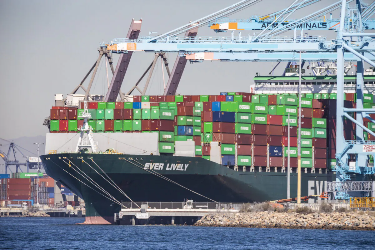 Cargo containers are stacked on a ship at the Port of Long Beach, Calif., on Oct. 27, 2021. (John Fredricks/The Epoch Times)