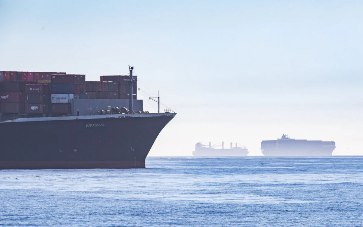 Delays in the transfer of cargo continue in Southern California as vessels line the horizon waiting offload containers into the Ports of Los Angeles and Long Beach, Calif., on Oct. 27, 2021. (John Fredricks/The Epoch Times)